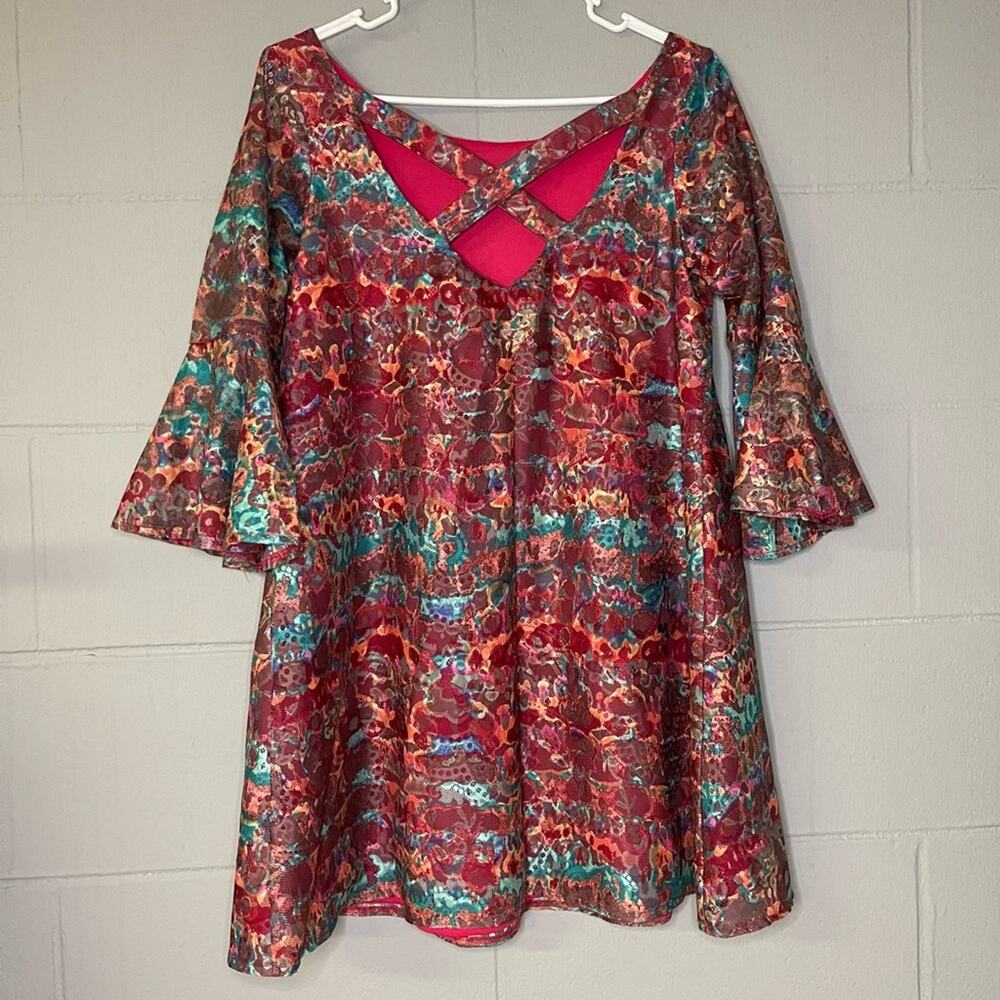 Judith March Bell Sleeve Rainbow Mini Dress Criss Cross Back Women’s Size Medium - Picture 4 of 10